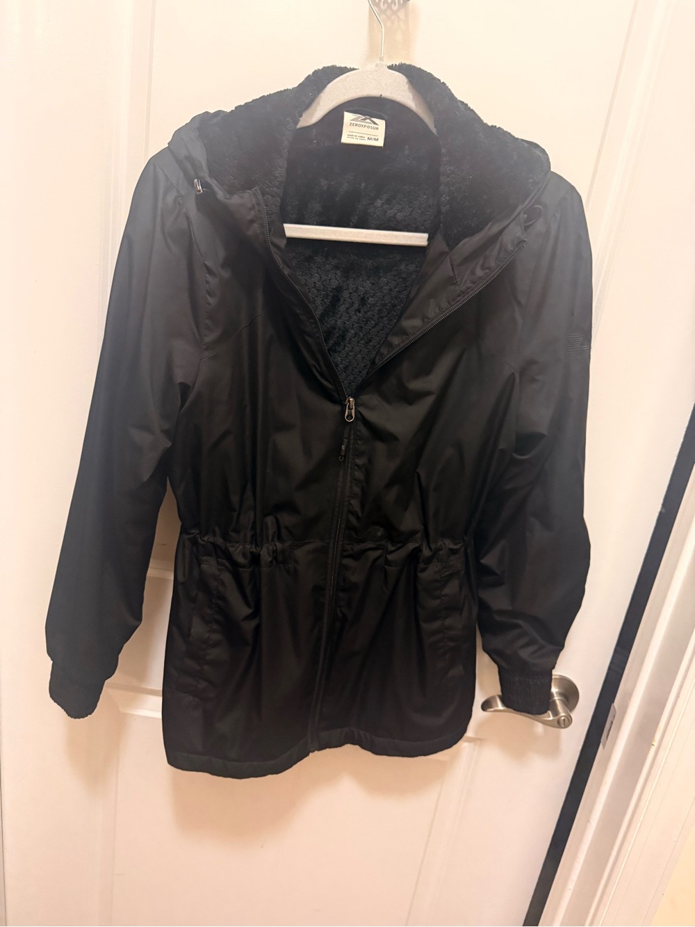 ZeroXposur Women's Black Hooded Rain Jacket with Faux Fur Lining